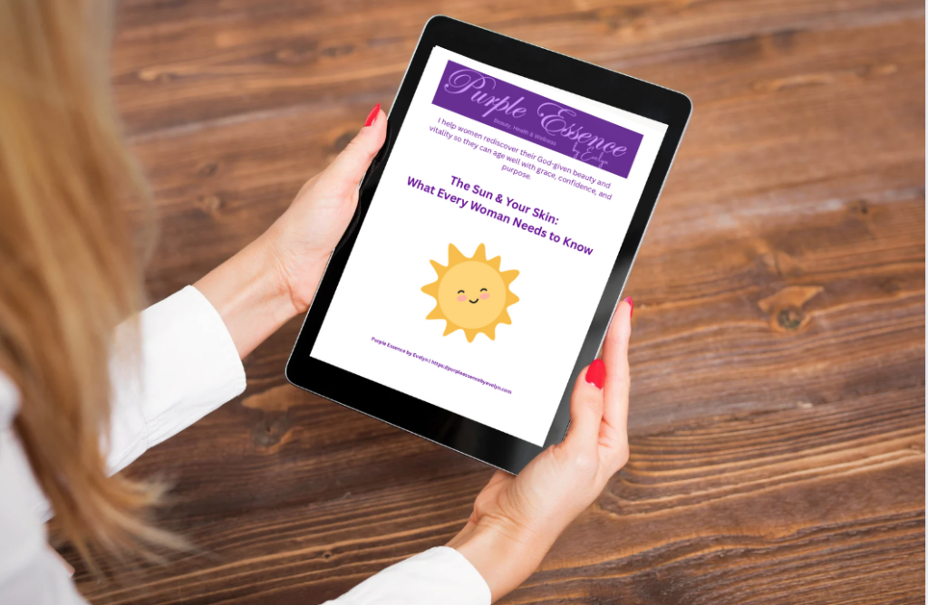 woman holding a tablet with picture of the sun care course cover page.