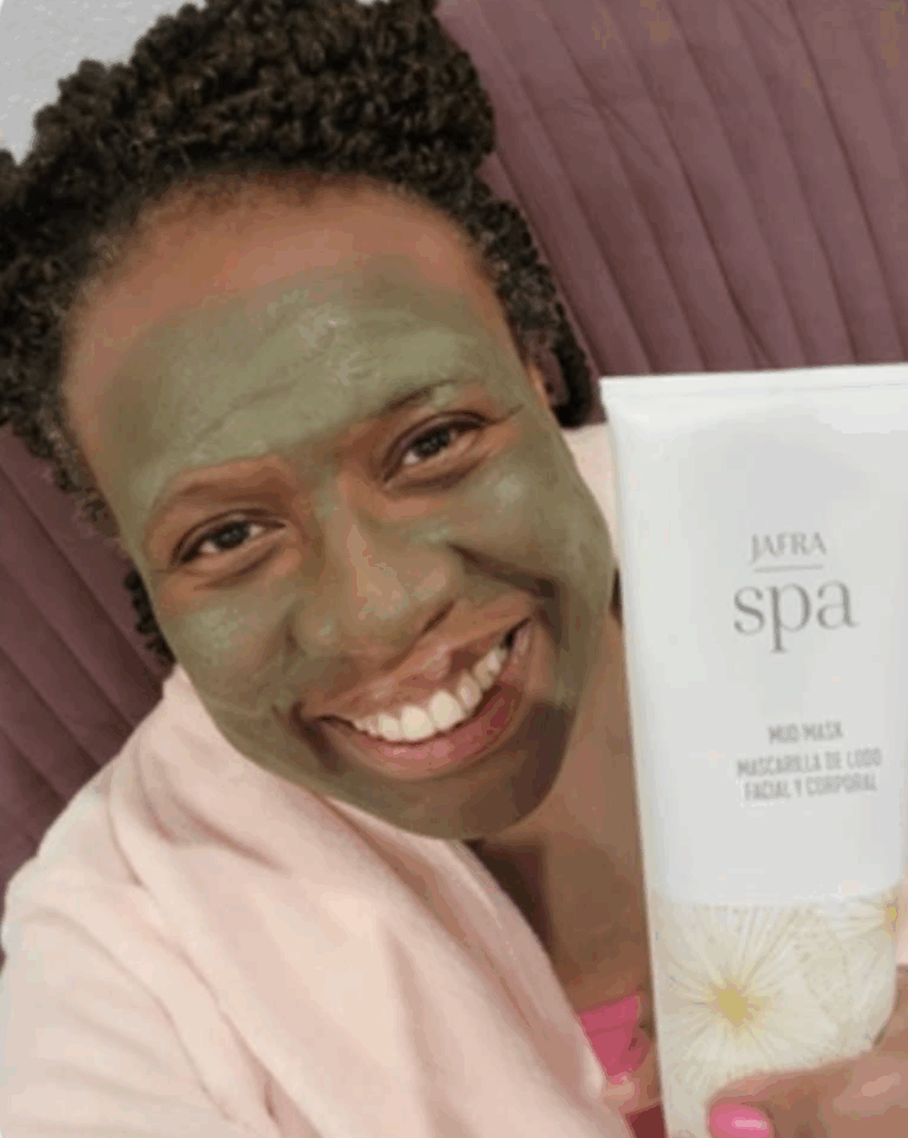Evelyn enjoying a JAFRA Spa Mud Mask at home, showing affordable luxury skincare.