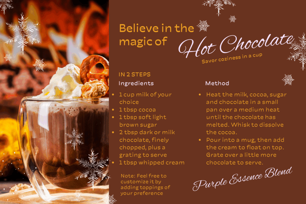 Royal Hot Cocoa Recipe Card by Purple Essence By Evelyn — cozy autumn drink with whipped cream, chocolate shavings, and cinnamon, symbolizing warmth, gratitude, and self-care.