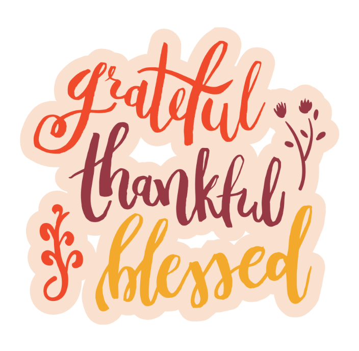 Hand-lettered Thanksgiving graphic with the words “grateful, thankful, blessed” in warm autumn colors with small floral accents.