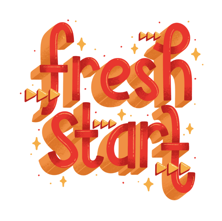 Illustration with the words “Fresh Start” in bold red and orange 3D lettering, surrounded by sparkles and small arrow icons, symbolizing new beginnings.