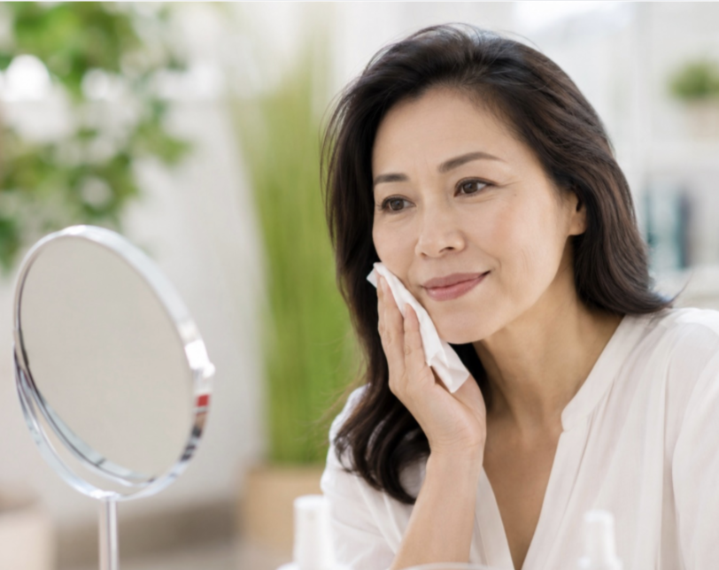 Woman over 40 gently using a facial cleansing wipe as part of her skincare routine.