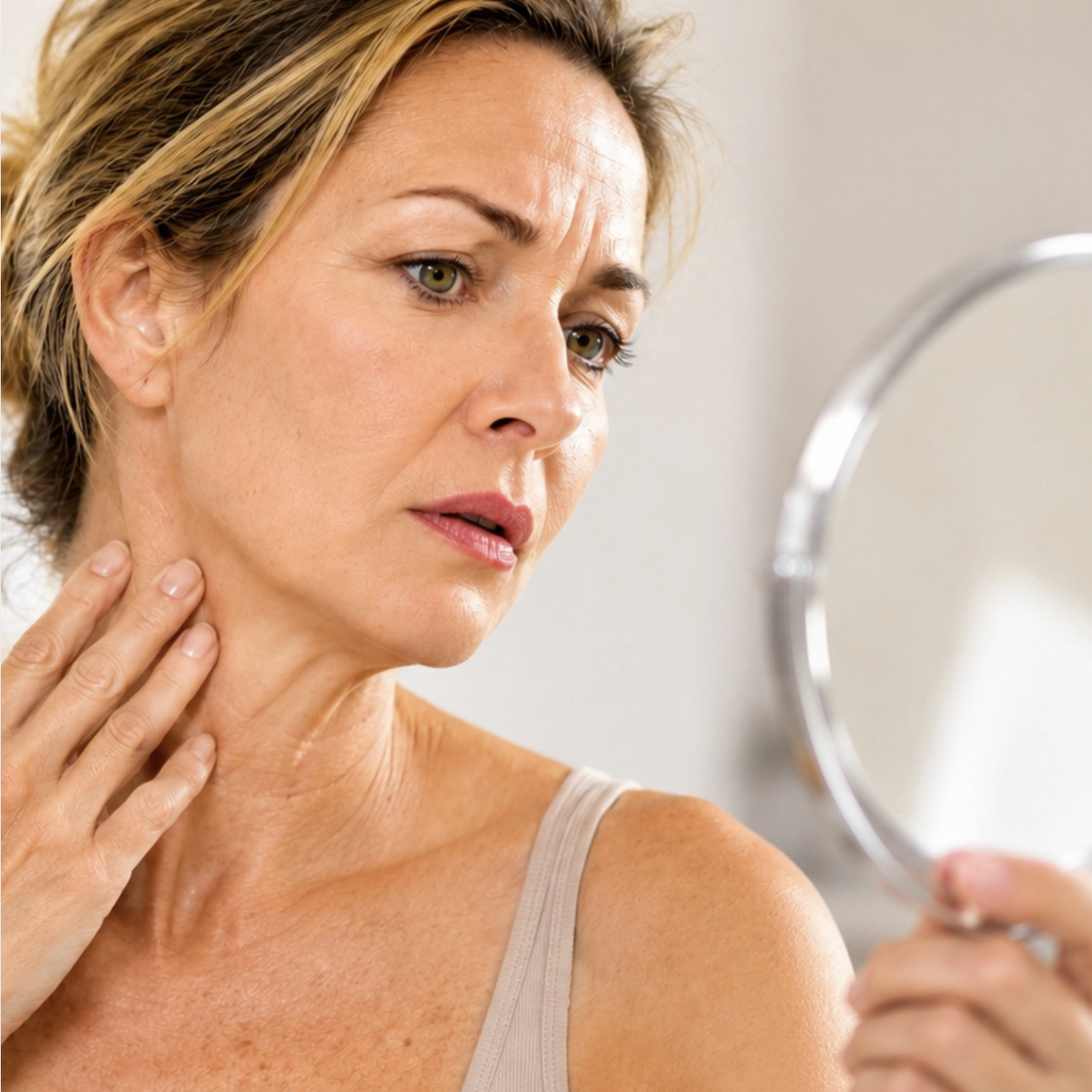 Woman over 40 looking at her neck in a mirror while checking for loose skin and neck wrinkles.