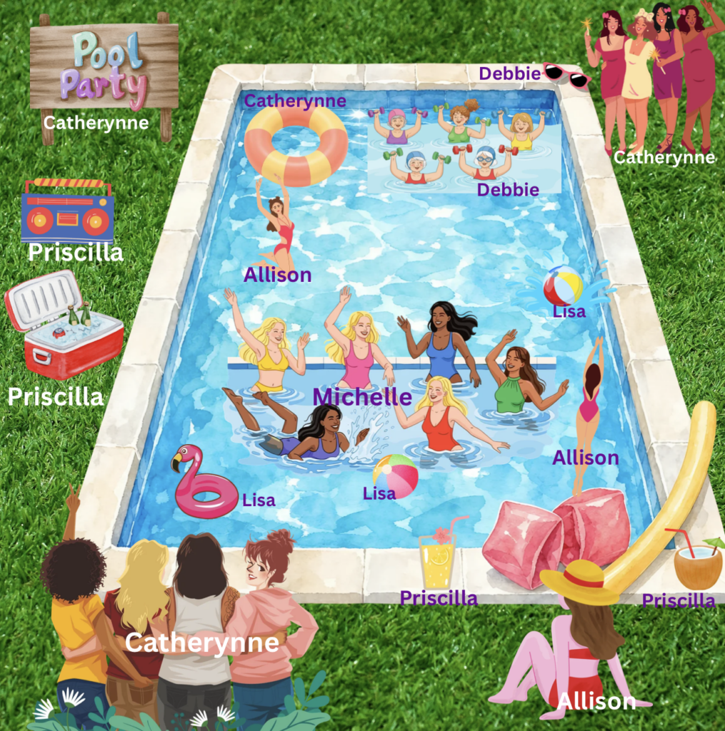Pool party challenge graphic with summer pool scene and Purple Peeps names