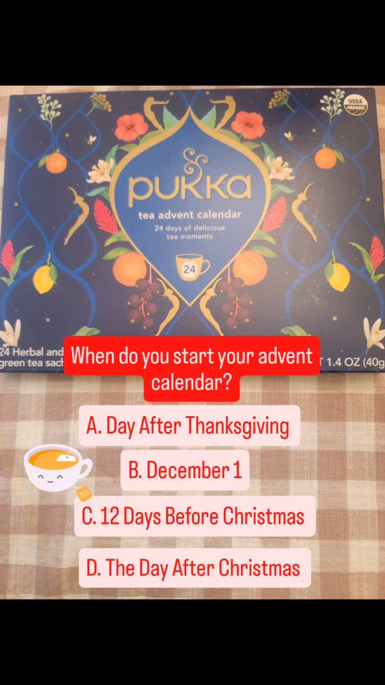 🍵 I can hardly wait to enjoy 12 days of cozy teas. 😋 Each sip will feel like a little moment of self-care. 💜

When do you start your advent calendar?

#PurpleEssenceByEvelyn #AdventCalendar #TeaLovers #SelfCareRitual #RelaxationTime #AgingWell #AgeWellWithEvelyn