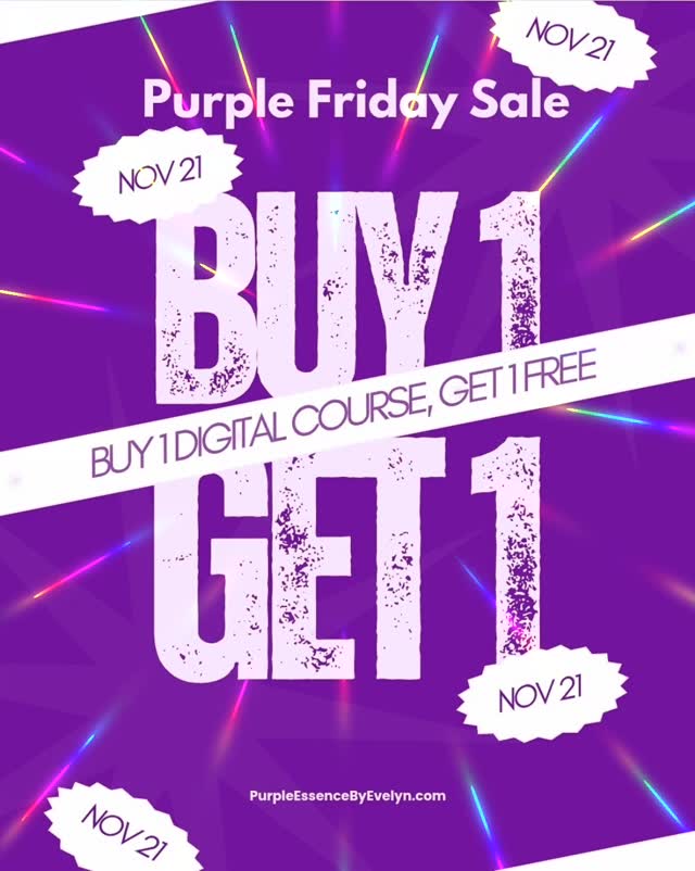 The new year begins in just 6 weeks 😱
Give your beauty, health, and wellness a head start with a digital course!

✨ Purple Friday Special: Buy 1, Get 1 FREE
✨ Valid Friday, Nov 21 only

Purchase any course from my website (link in bio).
I’ll reach out afterward so you can choose your free course. 💜

#PurpleEssenceByEvelyn #PurpleFriday #DigitalCourses #AgingWell #BeautyWellness #WellnessJourney #HolisticHealth #SelfCareMatters #WomenOver40 #RoyalWellness #AgeWellWithEvelyn #BOGODeal #HolidaySavings
