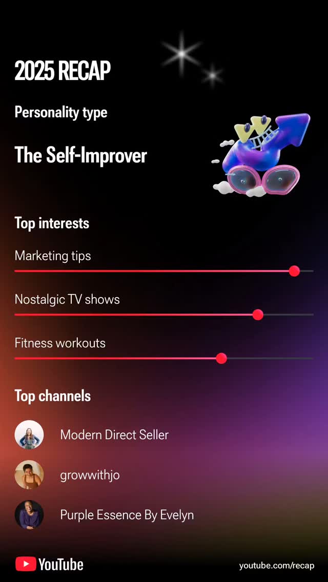 How cool that YouTube is now doing a year-end recap. I'm a little baffled about the TV shows, though. I don't want television or movies from here. But I do catch a few nostalgic shorts when they appear in my feed.

I watch a lot more YouTube workouts. However, I watch them on the big screen of the television and log onto my daughter's account since it's already up. I'll create my own so next year's recap can be more accurate. 

I'm also surprised that #ModernDirectSeller showed up here. Although I do catch episodes on the big screen, I watch it most often on Spotify. Either way, I never miss an episode. 

What do you watch most often on YouTube? 

#purpleessencebyevelyn #yearend #recap