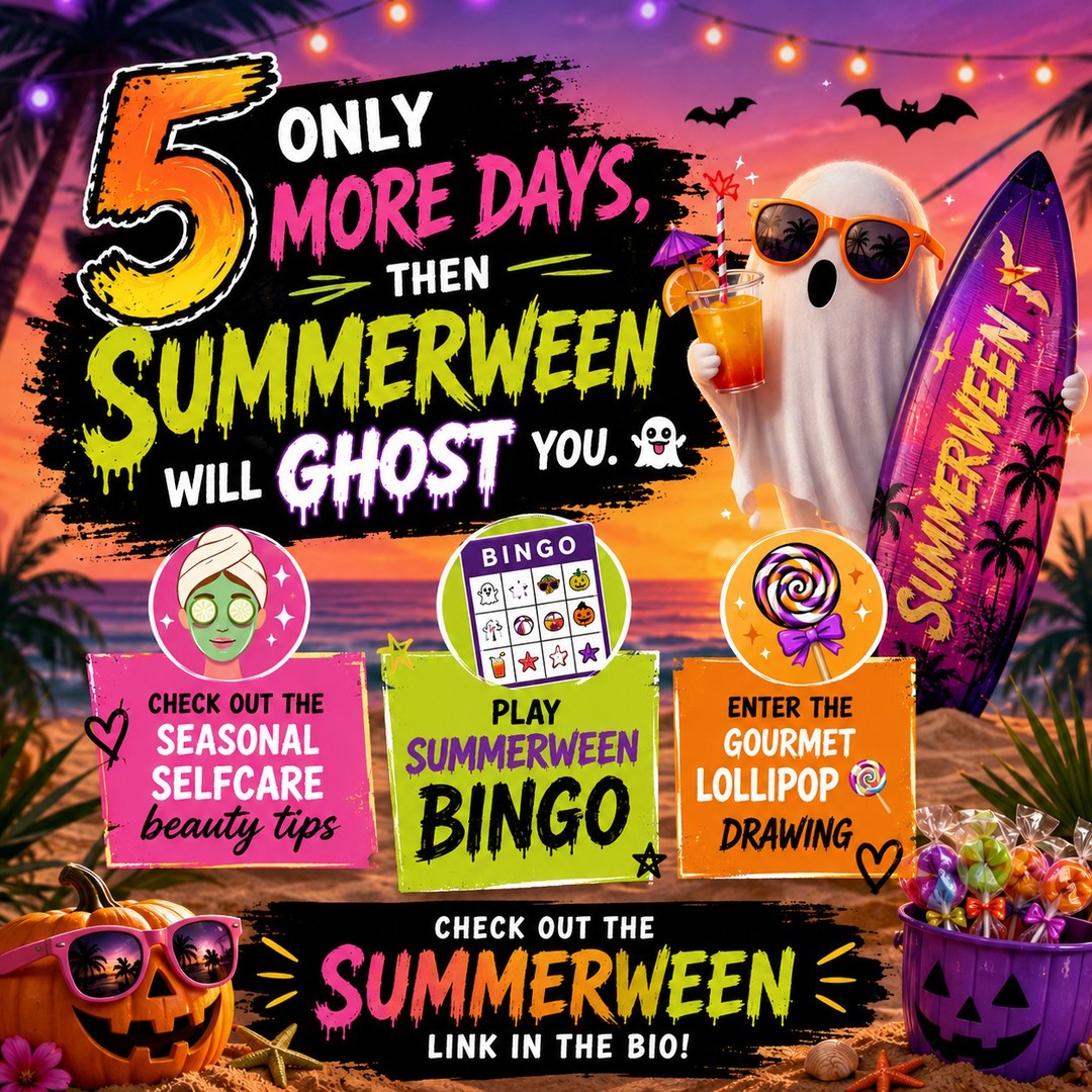 👻 Only 5 days left before Summerween disappears…

Have you joined the fun yet? 🎃☀️

Inside the Summerween Hub:
🍭 Enter the gourmet lollipop drawing
🎃 Play Summerween BINGO
✨ Grab seasonal self-care and beauty tips made for women who want to age well

No tricks. Just treats, simple fun, and a little inspiration along the way.

Tap the SUMMERWEEN link in my bio before it ghosts you 👻

#Summerween #SelfCareForWomen #WomenOver40 #AgeWell #HealthySkinTips